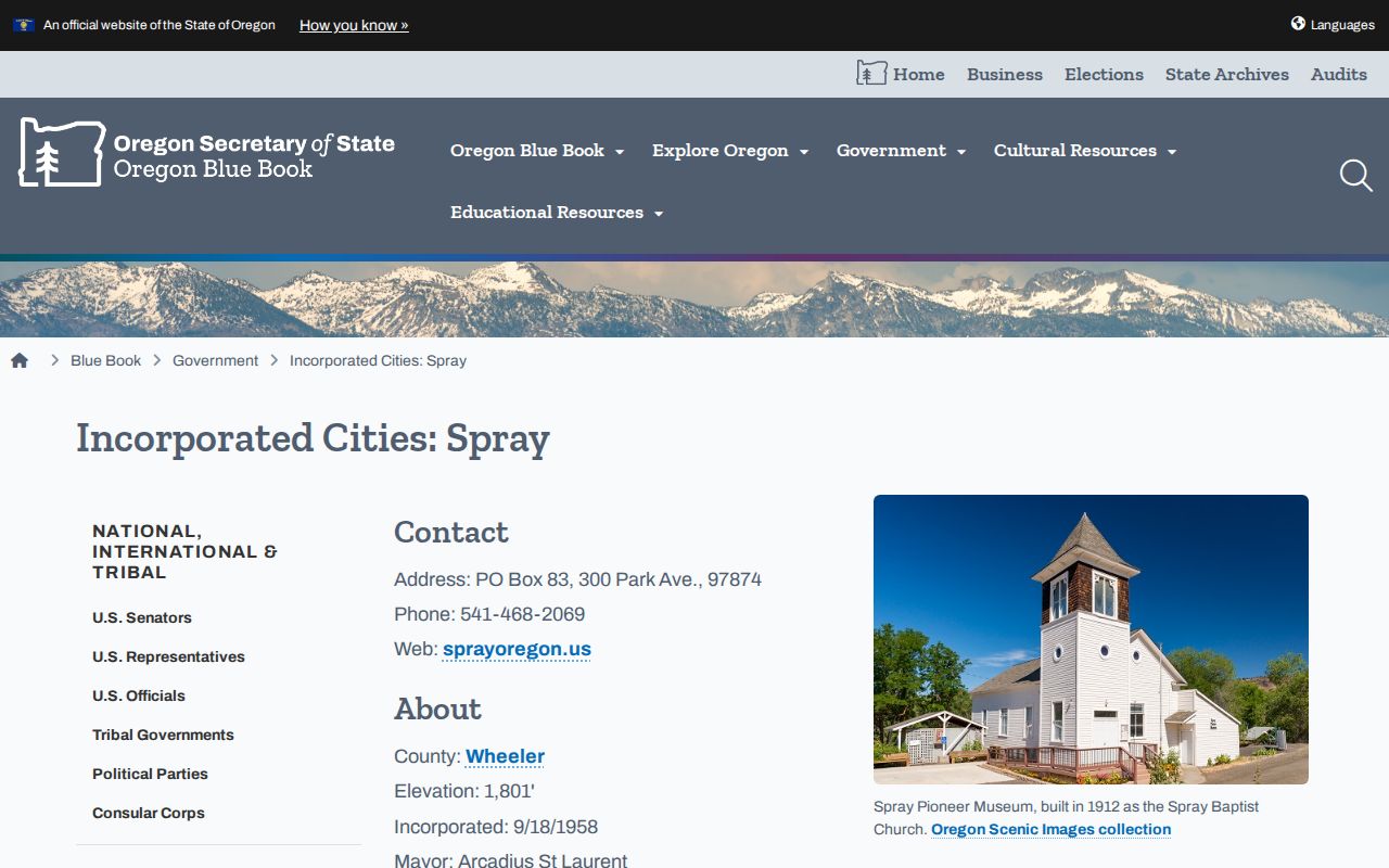 Spray, Wheeler County official municipal contact source for local records routing
